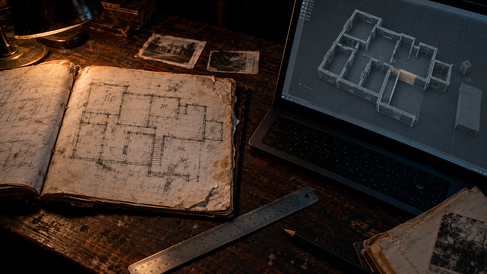 A notebook containing a house floor plan beside a three-dimensional reconstruction whose geometry does not fully align.